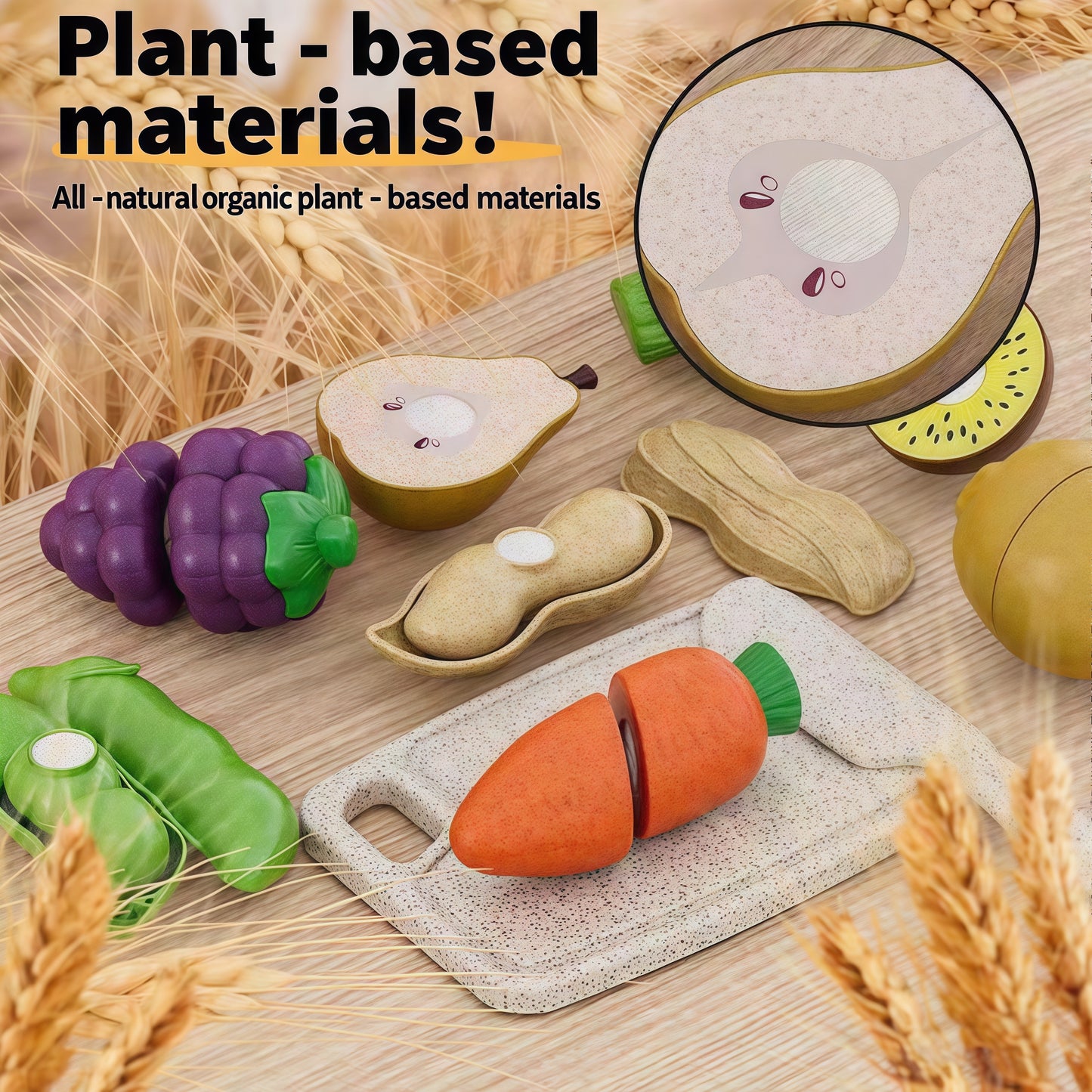 Play Food for Toddlers, Buckwheat Straw Fruit and Veggies Cutting Set for Kids, Pretend Food Play Kitchen Accessories for 3 4 5 6 7 Years Old Boys & Girls