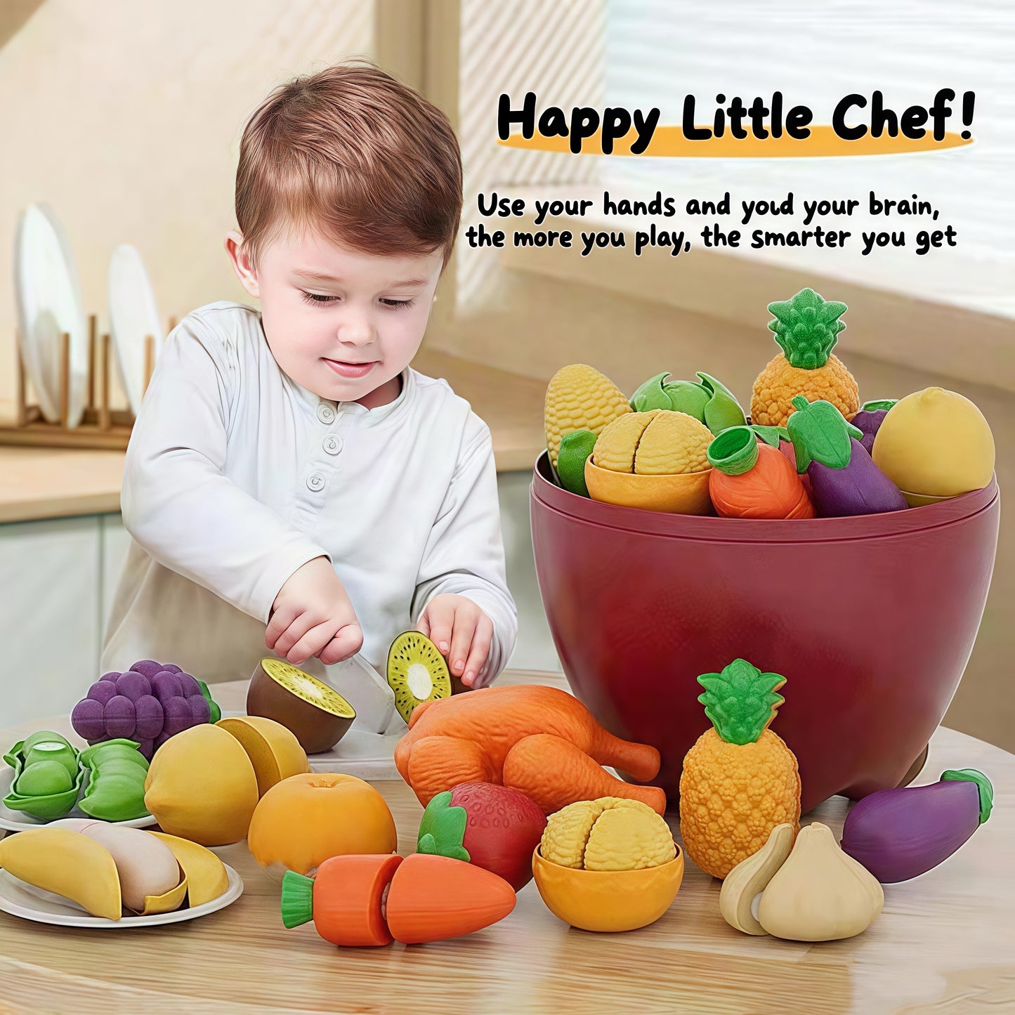 Play Food for Toddlers, Buckwheat Straw Fruit and Veggies Cutting Set for Kids, Pretend Food Play Kitchen Accessories for 3 4 5 6 7 Years Old Boys & Girls